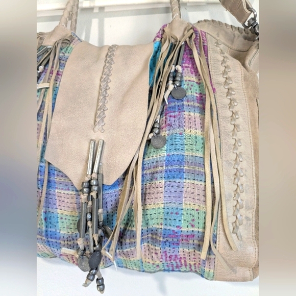 Free People Canyonlands Leather Kantha Bone Bead Large Boho Bag - Picture 3 of 16